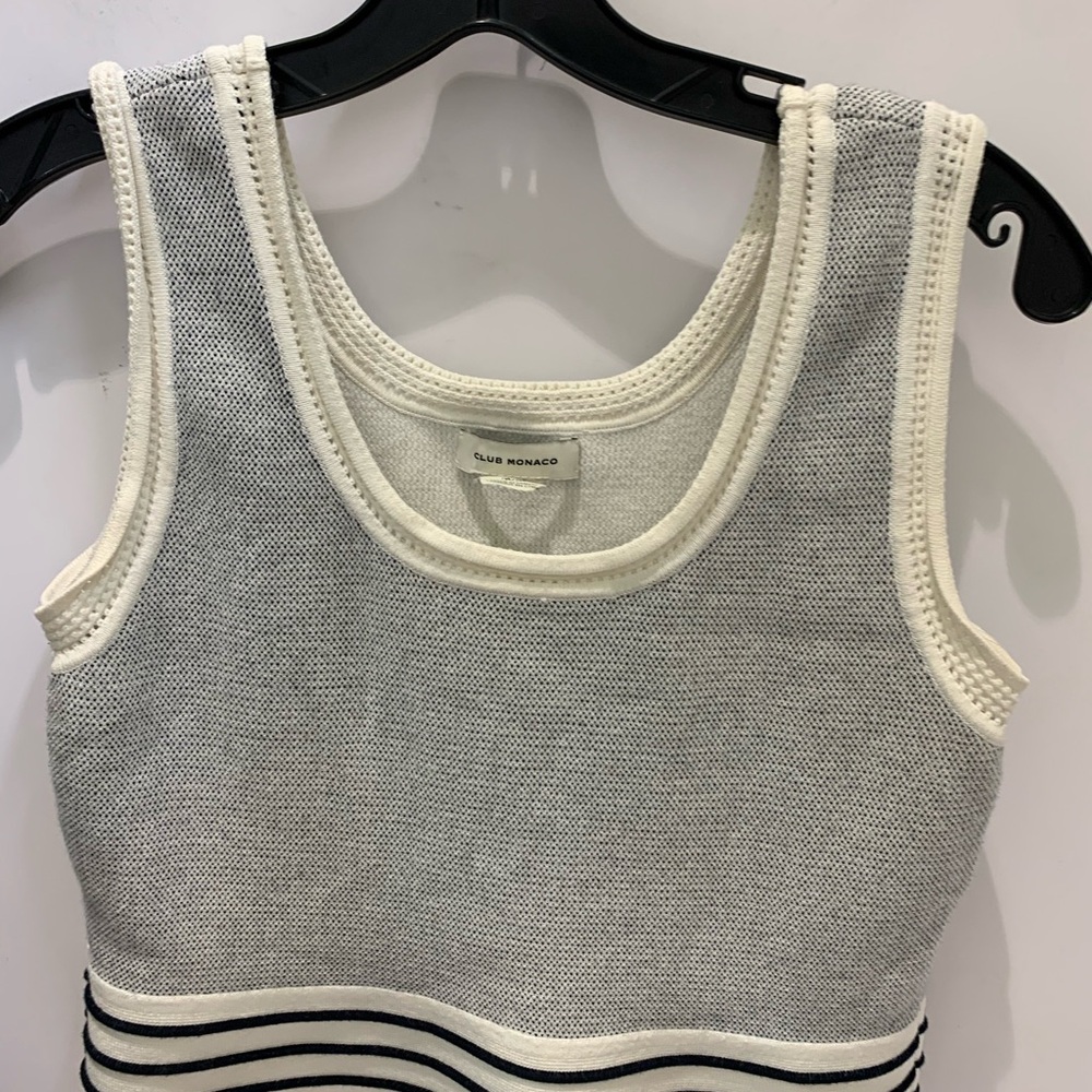 Club Monaco white with navy blue knit crop top.